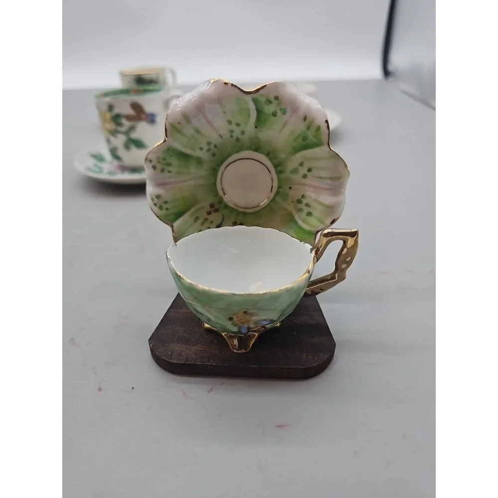 VINTAGE CUP & SAUCER ORNATE GREEN & GOLD ‎ FOOTED FLORAL JAPAN